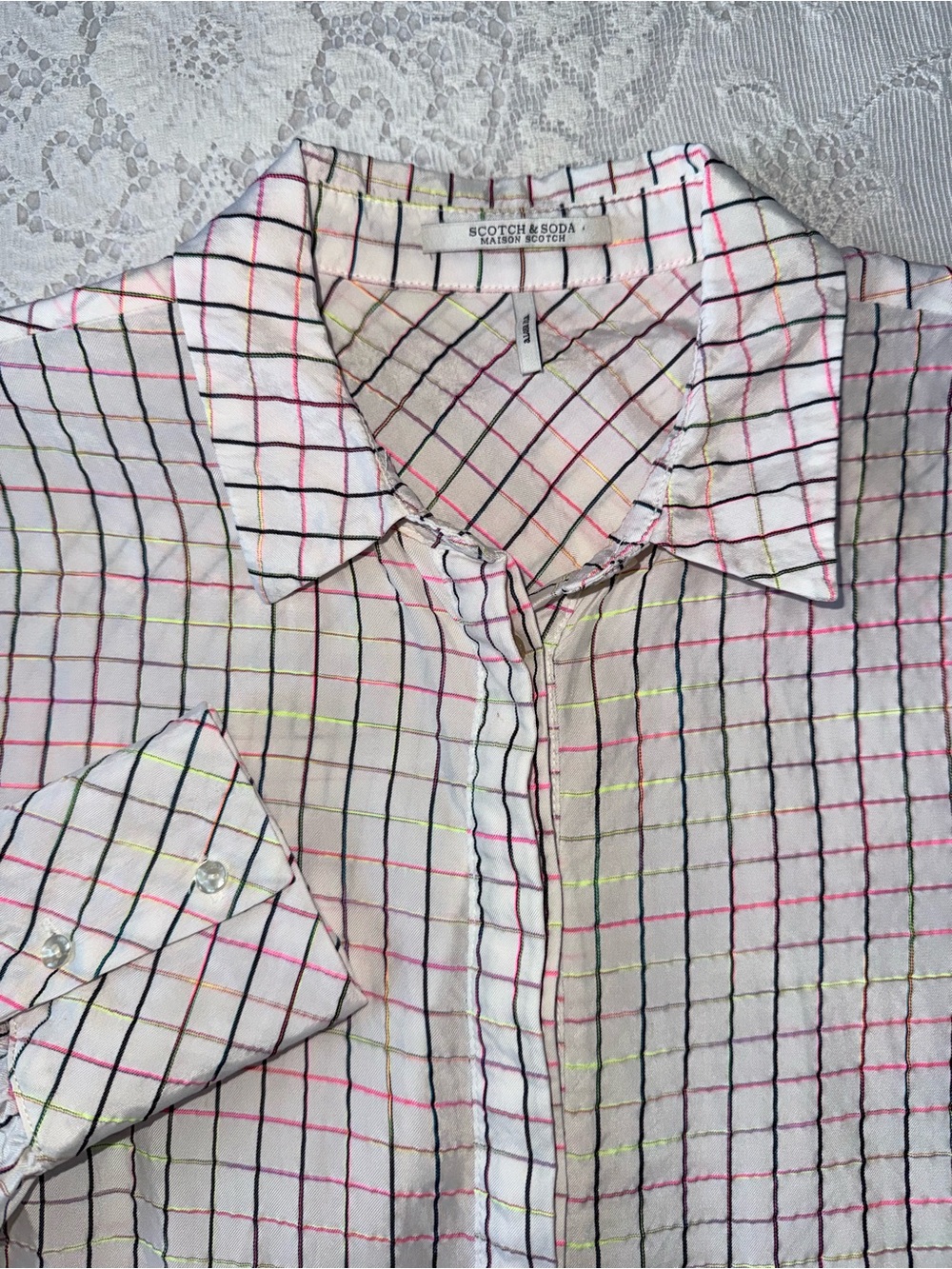 Scotch & Soda‎ White Shirt with Pink, Neon Yellow & Navy Grid
